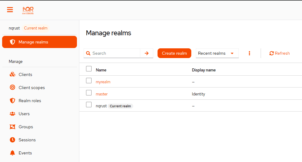 Identity Admin Console dengan realm nqrust terpilih