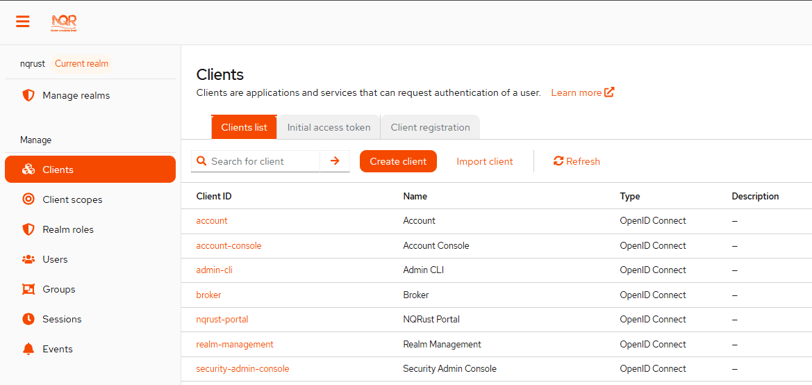 Halaman Clients dengan tombol Create client