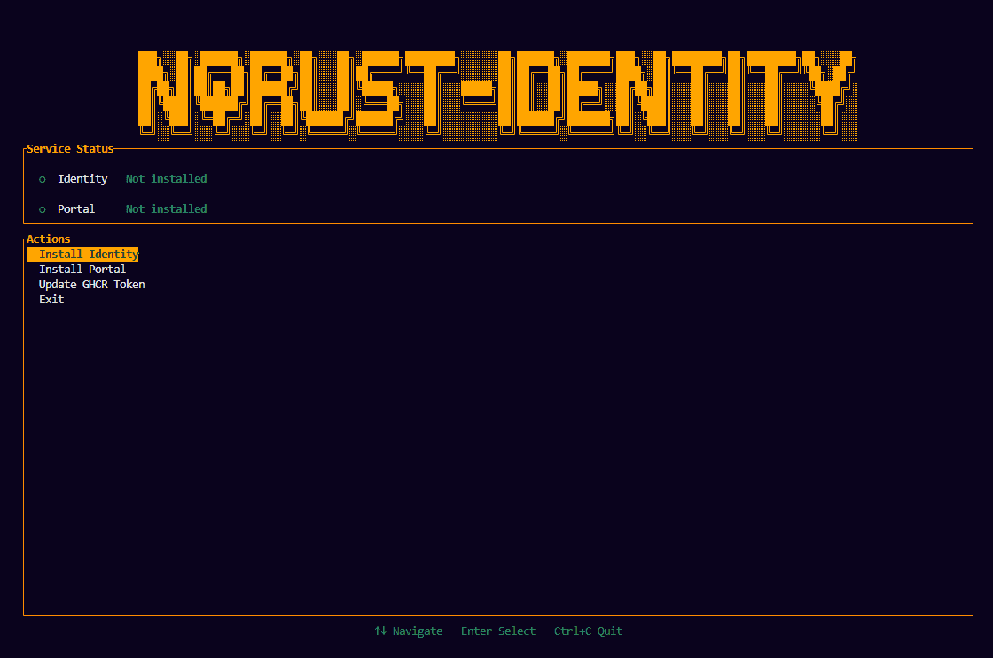 Home menu with Install Identity selected