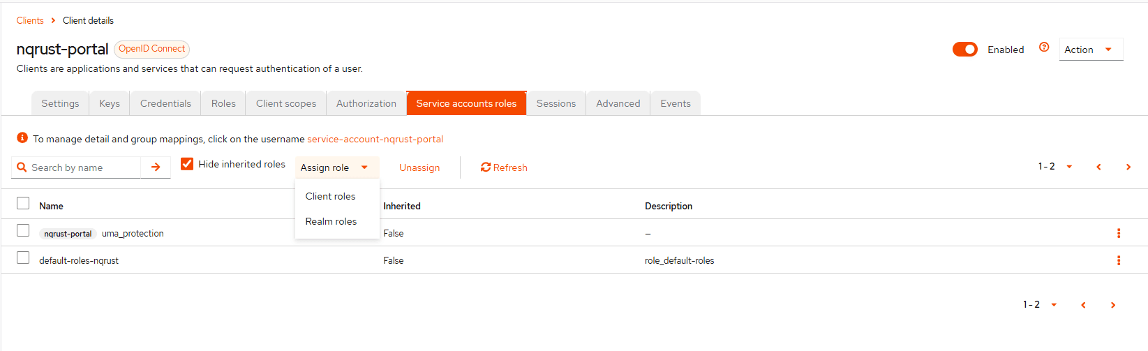 Service accounts roles tab