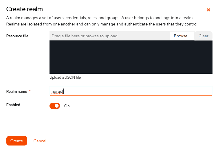 Manage realms page with Create realm button