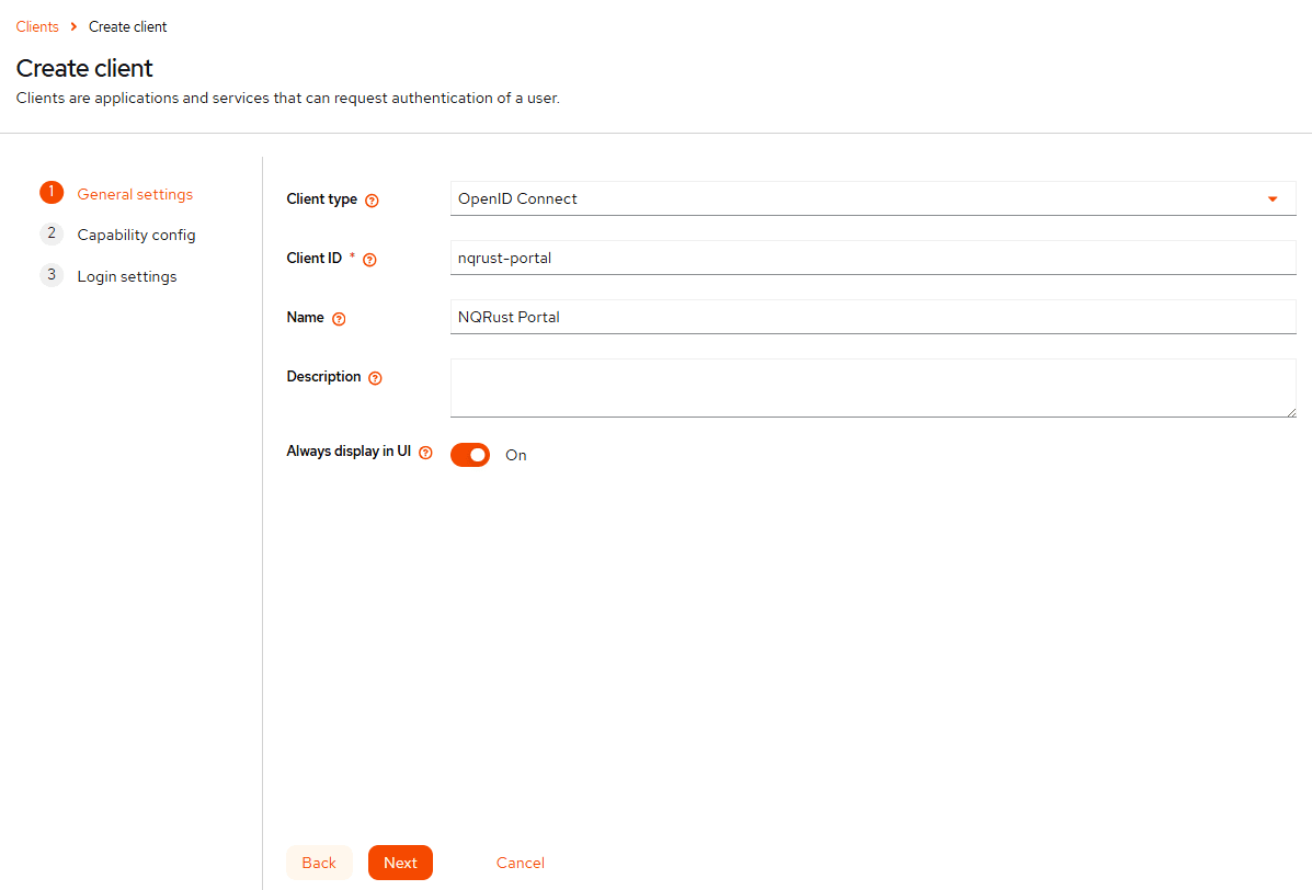 Create client - general settings